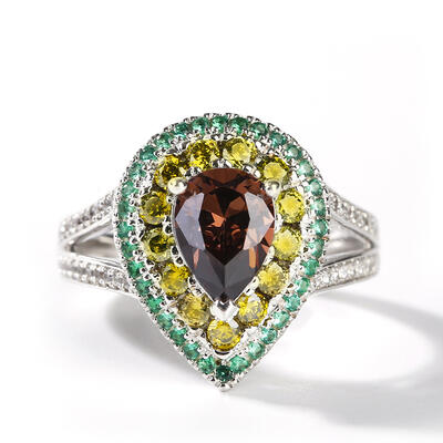 Jeulia Avocado Design Double Halo Pear Cut Sterling Silver Ring