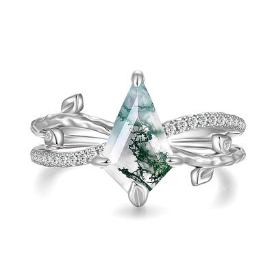 Jeulia Kite Cut Moss Agate Engagement Ring with Leaf Band