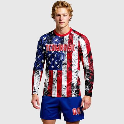 Custom Soccer Uniform Jersey White Royal-Red American Flag Fashion Sublimation Long Sleeve