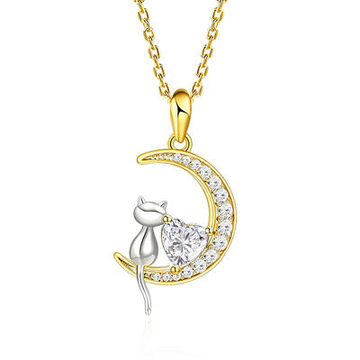 Jeulia Golden Moon Cat Necklace Sterling Silver
