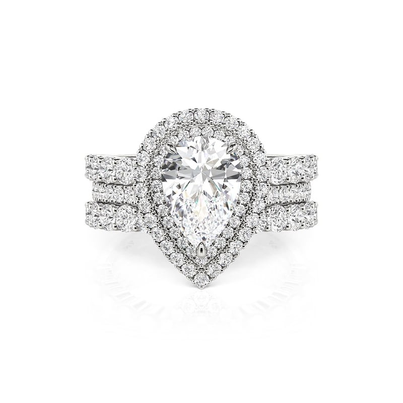 Jeulia Double Halo Pear Cut Engagement Ring Set 3PCS with Eternity Band