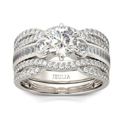 Jeulia Classic Three Stone Round Cut Sterling Silver Ring Set