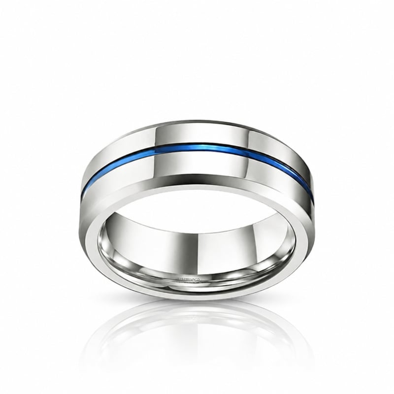 Jeulia Anillo Hombre Simple Cinta Azul Acero Tungsteno