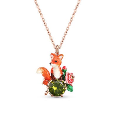 Jeulia "Love-in-Idleness" Fox with Flower Enamel Sterling Silver Necklace