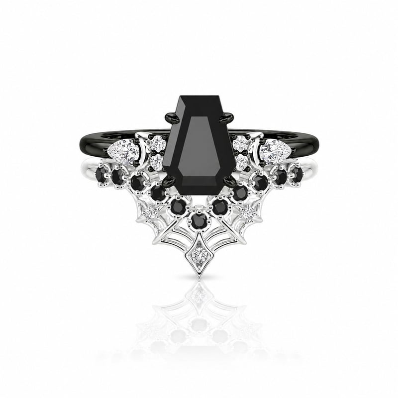 Jeulia Two Tone Moon Spider Web and Coffin Ring Set