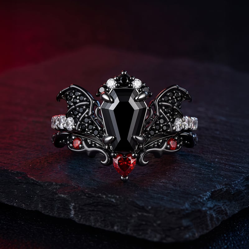 Jeulia Until Death Gothic Schwarzes Raben Ring Set 2-tlg im Sargschliff