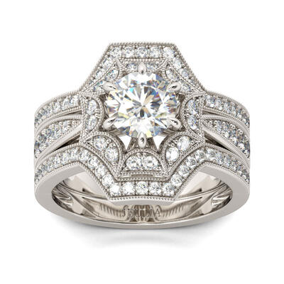 Jeulia Art Deco Round Cut Sterling Silver Ring Set