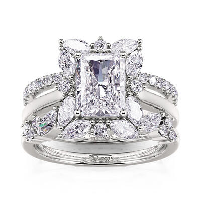 Jeulia Floral Halo Engagement Ring Set 3PC Radiant Cut Sterling Silver