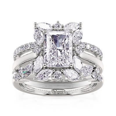 Jeulia Floral Halo Engagement Ring Set 3PC Radiant Cut Sterling Silver