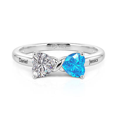 Jeulia Custom Name Double Heart Birthstone Ring with Knot Design
