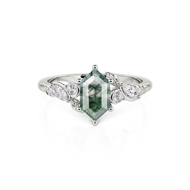 Jeulia Hexagon Moss Agate Engagement Ring with Leaf Moon Accents