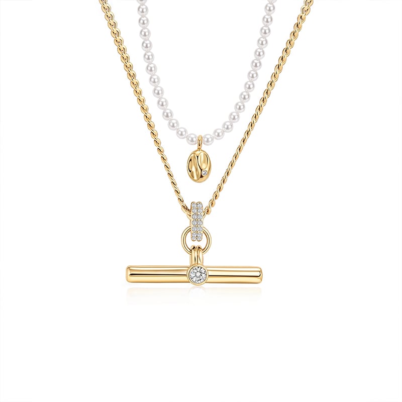 Jeulia Andy Style Minimalist Pearl Gold T-Bar Necklace Set