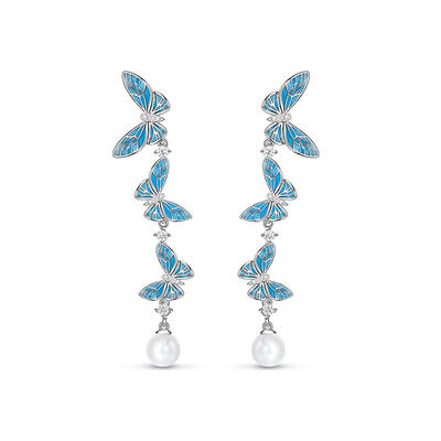 Jeulia "Charming Dance" Butterfly Pearl Sterling Silver Drop Earrings