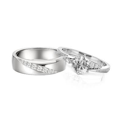 Jeulia Classic Diagonal Twist Couple Rings Set Sterling Silver