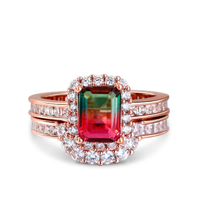 Jeulia Halo Emerald Cut Sterling Silver Watermelon Ring Set