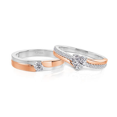 Jeulia Amore Curved Two Tone Couple Rings Sterling Silver