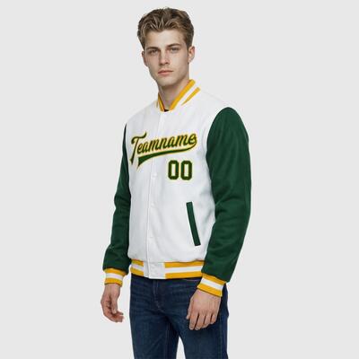 Custom Classic Green-White Full-Snap Two Tone Letterman Jacket – Ideal for Daily Casual Outings and Team Gatherings