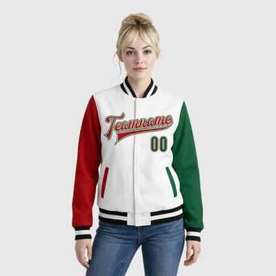 Custom White-Green Red Two Tone Full-Snap Varsity Letterman Jacket – Great for Handicraft Pottery Classes