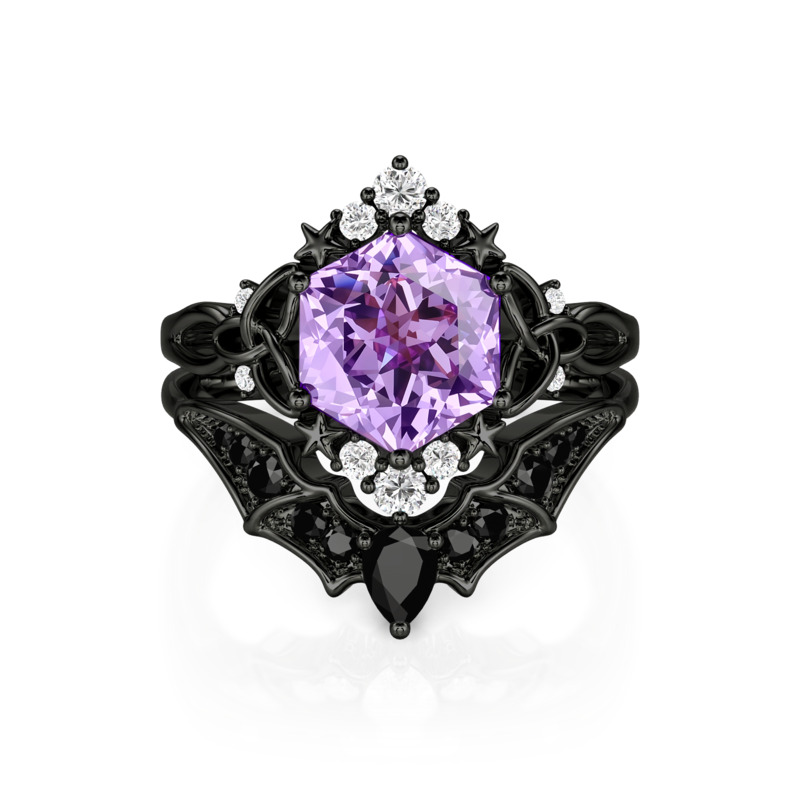 Jeulia Ensemble de Bagues Gothique Noire Celtique Torsadée Coupe Hexagonale Violette