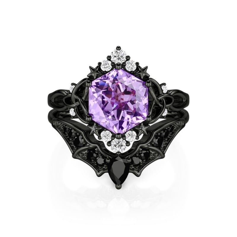 Jeulia Ensemble de Bagues Gothique Noire Celtique Torsadée Coupe Hexagonale Violette