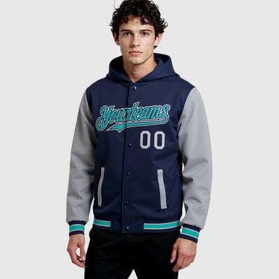 Custom Navy Gray Full-Snap Varsity Letterman Two Tone Hoodie Jacket for Campus Life