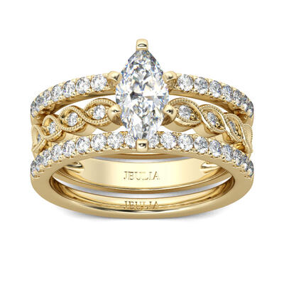 Jeulia Gold Tone Marquise Cut Sterling Silver Ring Set