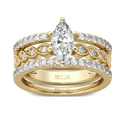 Jeulia Terno De Anillos Con Tono Oro De Talla Marqueza En Plata De Ley