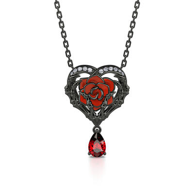 Jeulia "Never Ending Love" Skeleton Hands & Rose Sterling Silver Necklace