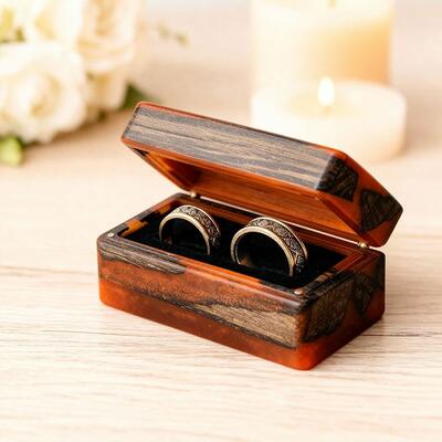 Timeless Vintage Reslol Epoxy Wood Double Ring Box - Elegant Rectangular Anniversary Keepsake
