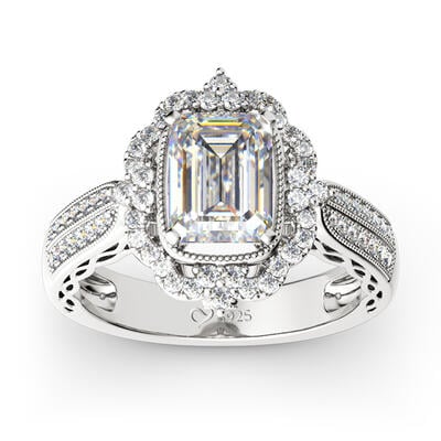 Jeulia Vintage Halo Emerald Cut Sterling Silver Ring