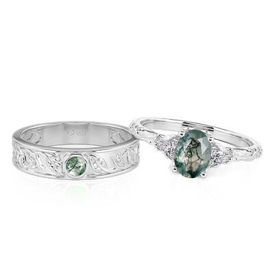 Jeulia Nature Inspired Moss Agate Couple Rings Set