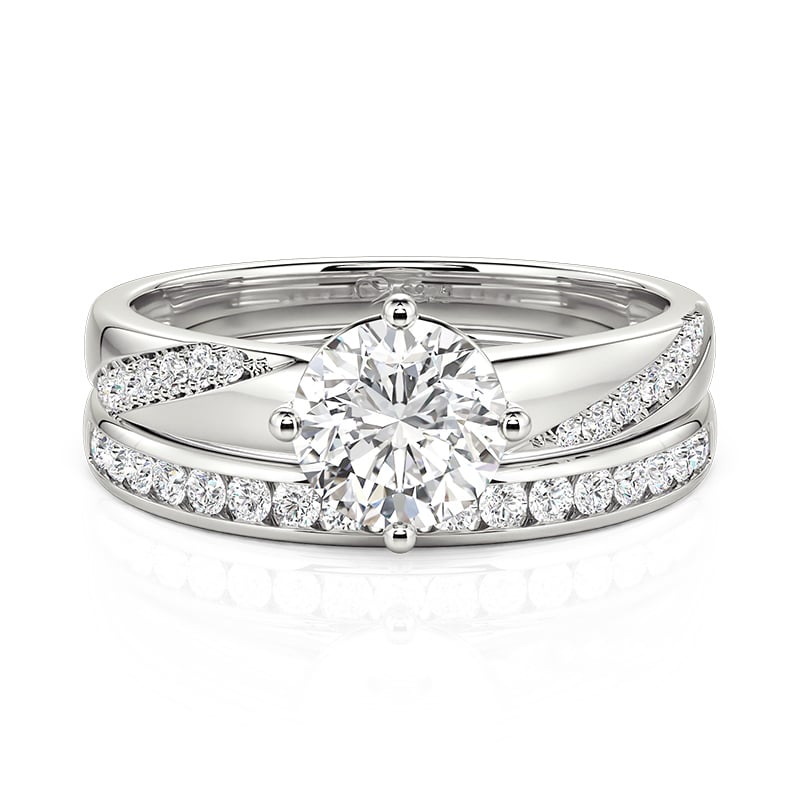 Jeulia Minimalist Diagonal Pave Round Cut Bridal Ring Set 2Pcs