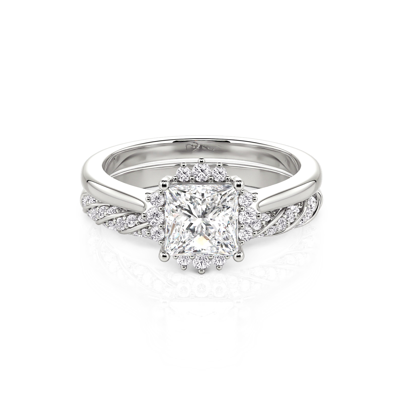 Jeulia Princess Cut Halo Engagement Ring and Eternity Band Set