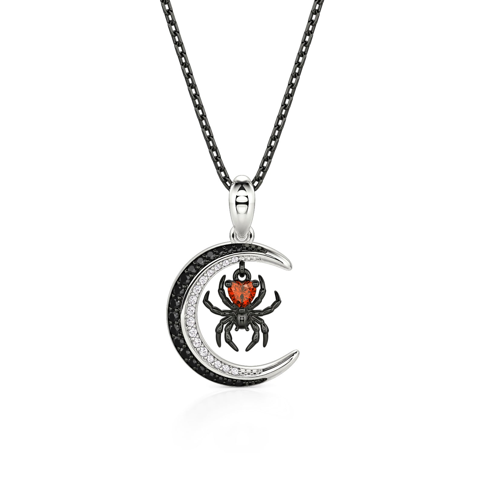 Jeulia Gothic Black Pave Moon & Red Heart Spider Necklace