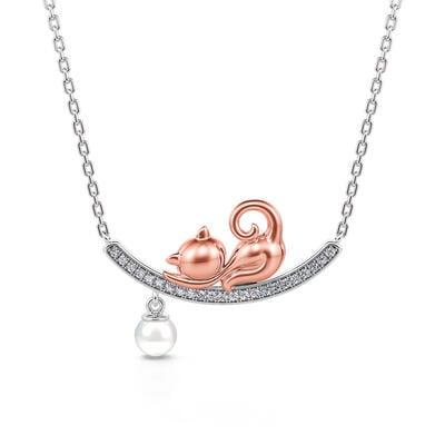 Jeulia Lazy Cat Cultured Pearl Sterling Silver Necklace