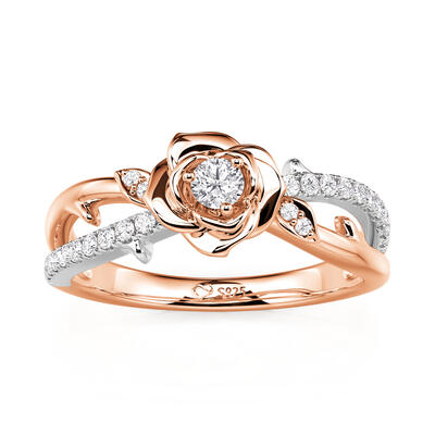 Jeulia Two Tone Twist Rose Flower Ring Sterling Silver