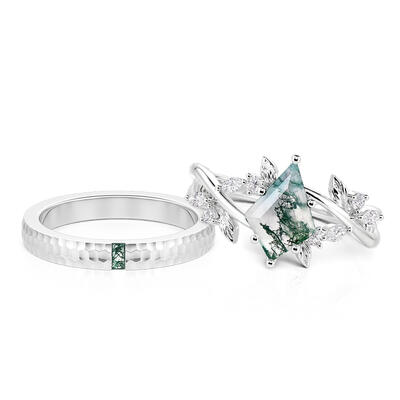 Jeulia Nature Inspired Moss Agate Couple Rings Set