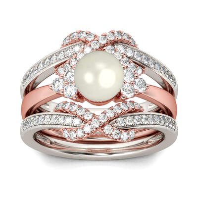 Jeulia Two Tone Faux Pearl Sterling Silver Enhancer Ring Set