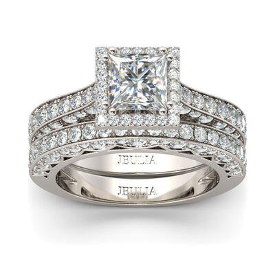 Jeulia Halo Princess Cut Sterling Silver Ring Set