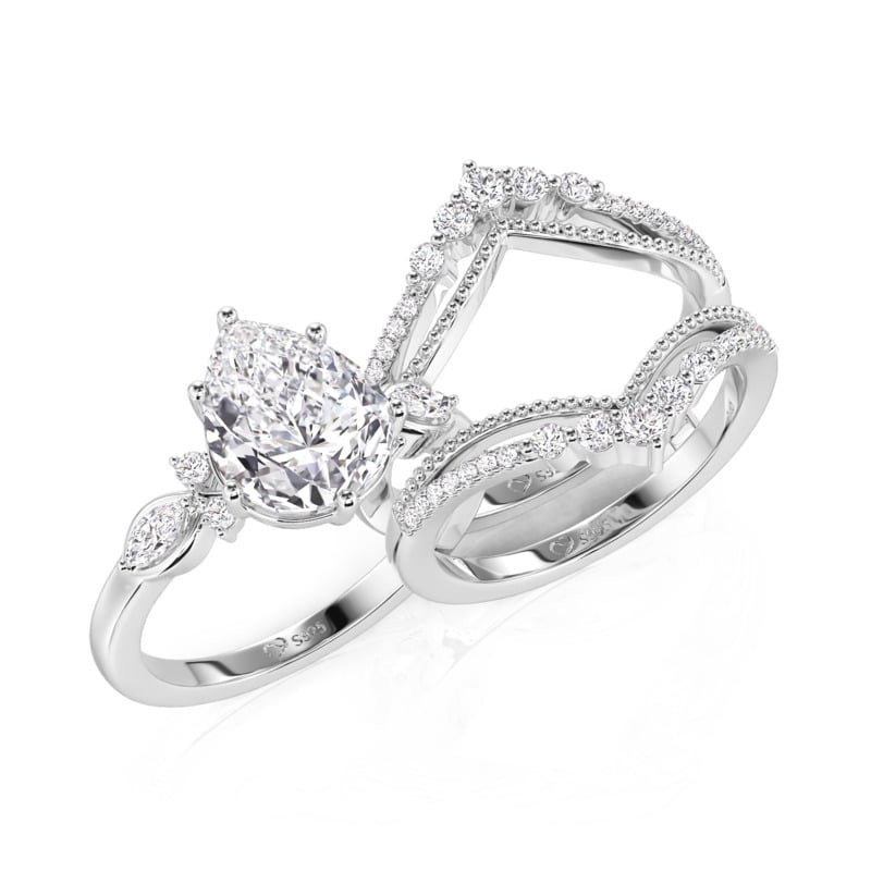 Jeulia Vintage Pear Cut V-Shaped Bridal Set Sterling Silver