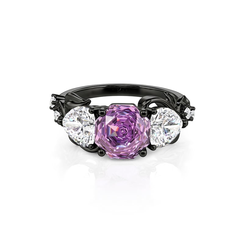 Jeulia Midsummer Night Anillo de Hoja con Tres Piedras Moradas Corte Rosa