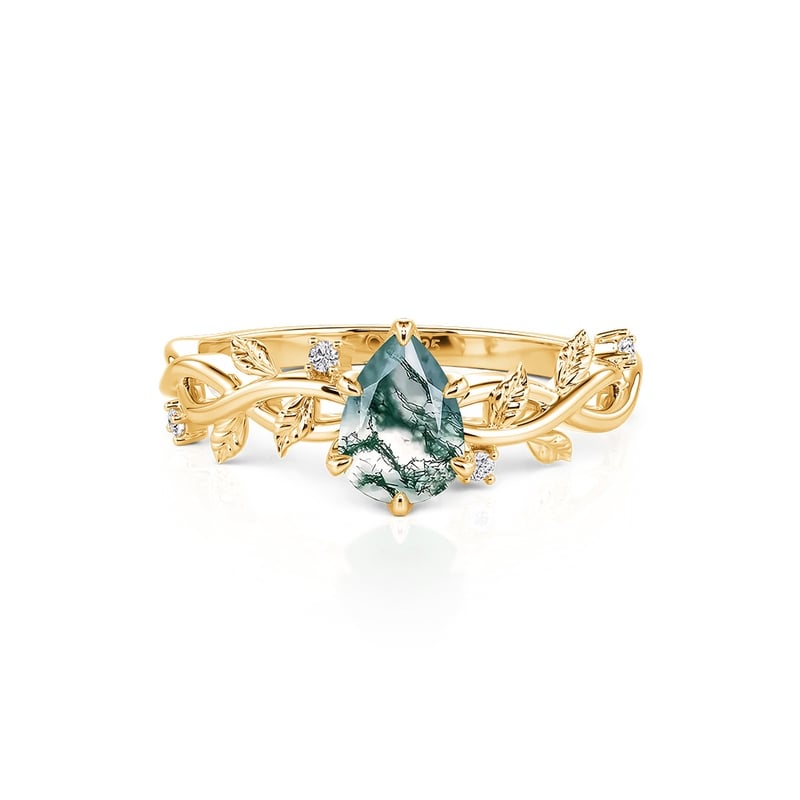 Jeulia Anillo de Compromiso Dorado Corte Pera de Ágata Musgo con Hoja de Vid