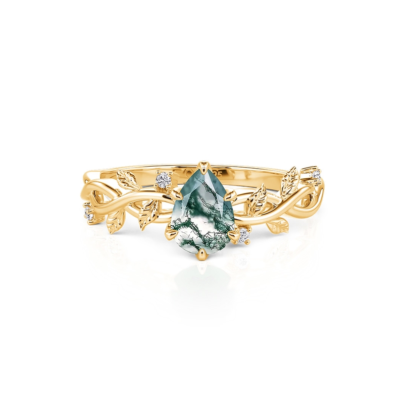 Jeulia Anillo de Compromiso Dorado Corte Pera de Ágata Musgo con Hoja de Vid