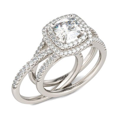 Jeulia Double Halo Cushion Cut Sterling Silver Ring Set
