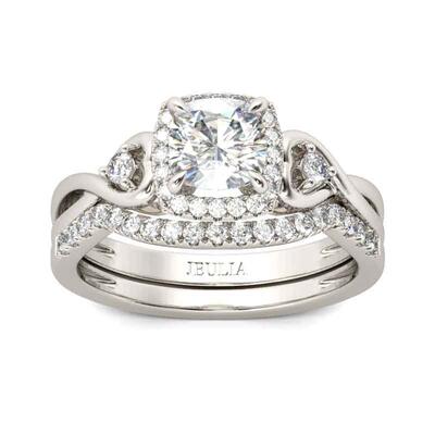 Jeulia Halo Cushion Cut Sterling Silver Ring Set