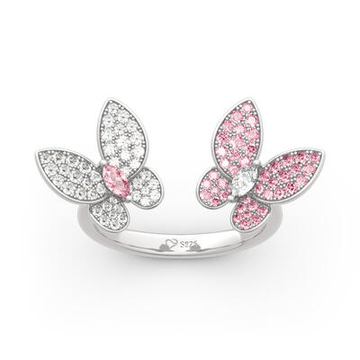 Jeulia "Spring is Coming" Two Butterfly Sterling Silver Ring