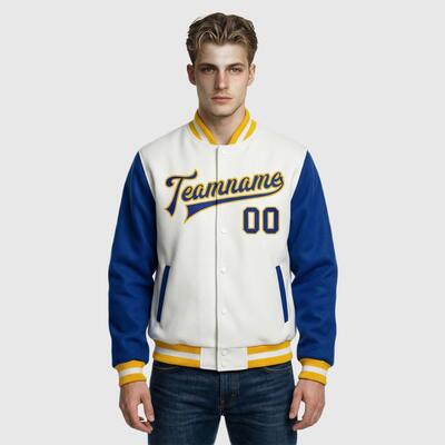 Custom Classic Royal-White Full-Snap Two Tone Letterman Jacket – Ideal for Art Gallery Hopping and Coffee Shop Casual Meetups