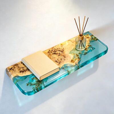 Modern Translucent Green Resin & Wood Floating Shelves - Rustic-Chic Rounded Edge Wall Decor