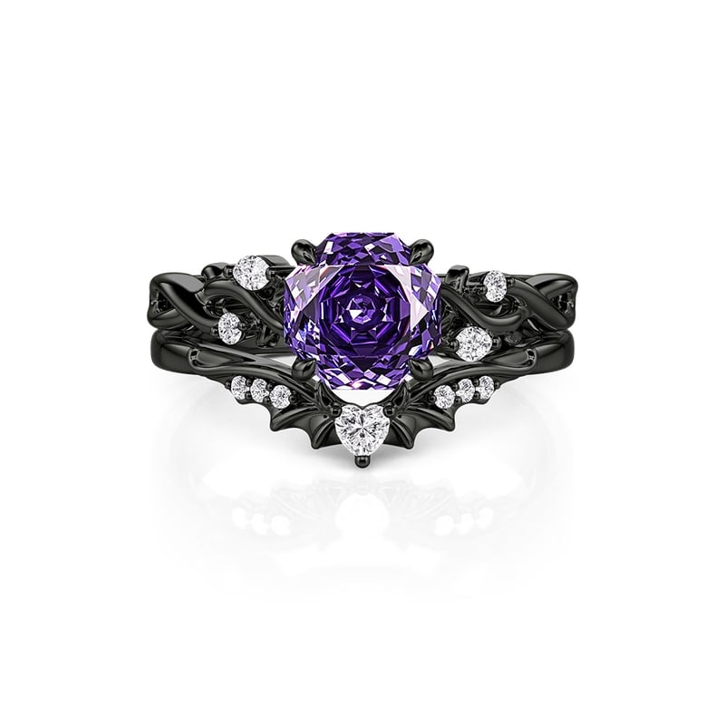 Jeulia Black Thorn Purple Rose Cut Ring Set Sterling Silver