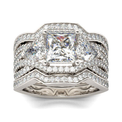 Jeulia Three Stone Princess Cut Sterling Silver Ring Set